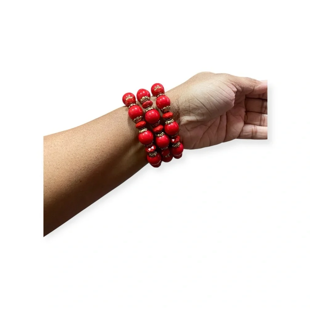 Red Beaded Stretch Bracelet Set